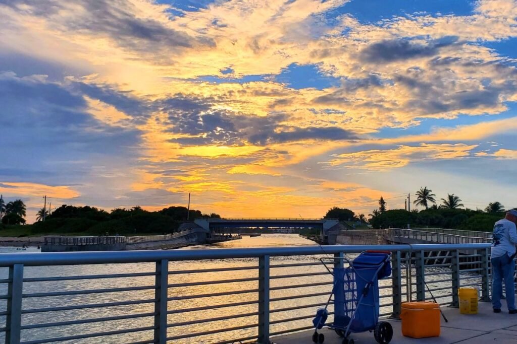 A view west down the Boynton Beach Inlet at sunset.