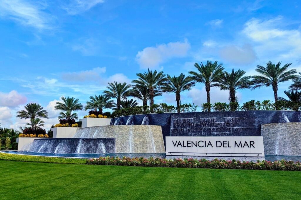 A view of the water feature at Valencia Del Mar in West Boynton Beach, Florida.