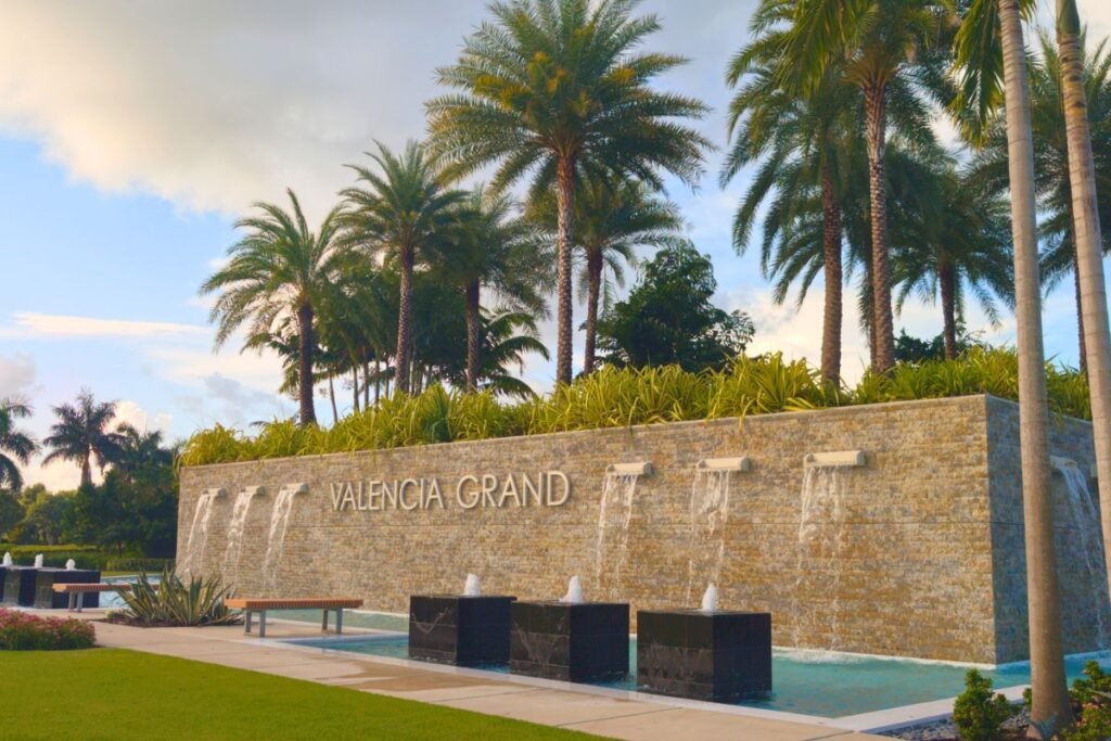 A view of the water feature at the entrance to Valencia Grand.