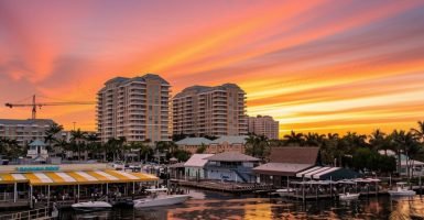 A sunset view of Banana Boat and Two George's at the Boynton Marina.